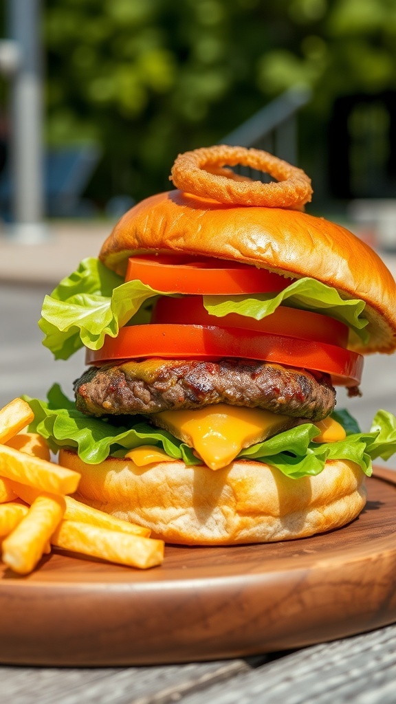 A classic beef hamburger with lettuce, tomato, cheese, and onion on a toasted bun, served with fries.